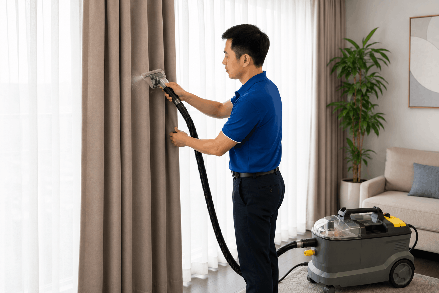 Nhân viên giặt rèm tại nhà bằng máy hút giặt chuyên dụng
