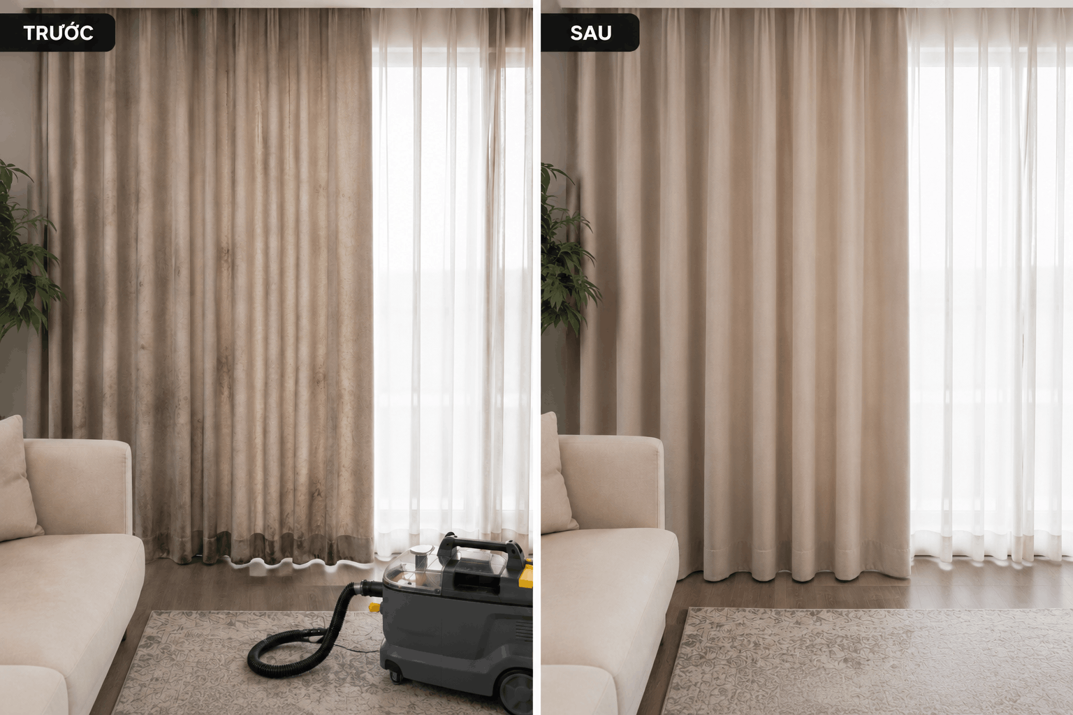 Hình ảnh trước và sau khi giặt rèm tại MotCham Now